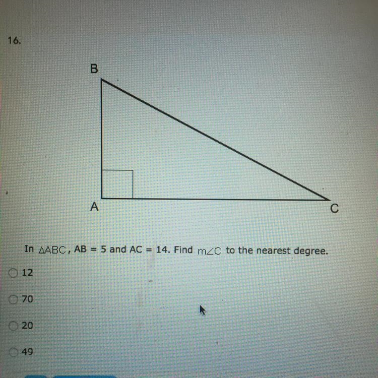 Need help ASAP! In ABC, ab = 5, and AC = 14. Find m-example-1