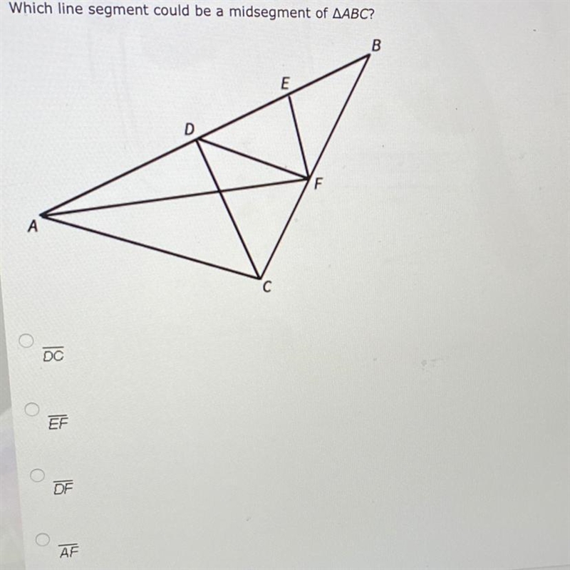 Which line segment could be mid segment of abc? 21 points!!!!-example-1