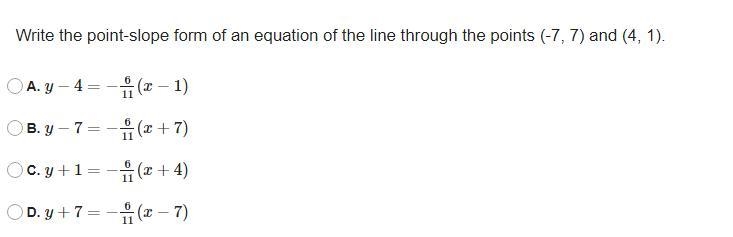 Write the point-slope form of an equation of the line through the points (-7, 7) and-example-1