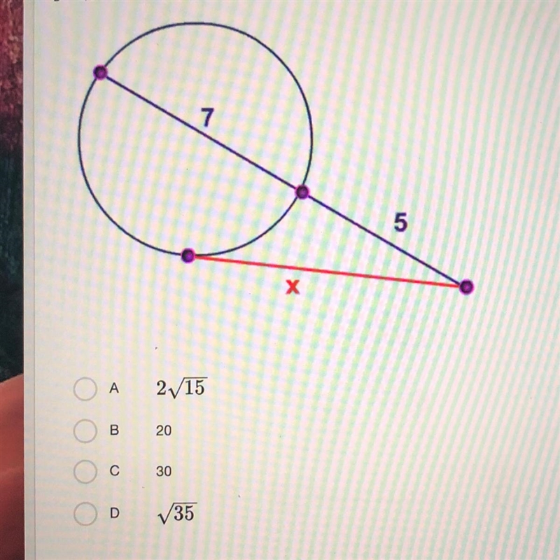 Solve for X ??? A. 2 / 15 B. 20 C. 30 D. / 35-example-1