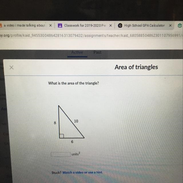 What is the area of the triangle? 8 10 6 units-example-1