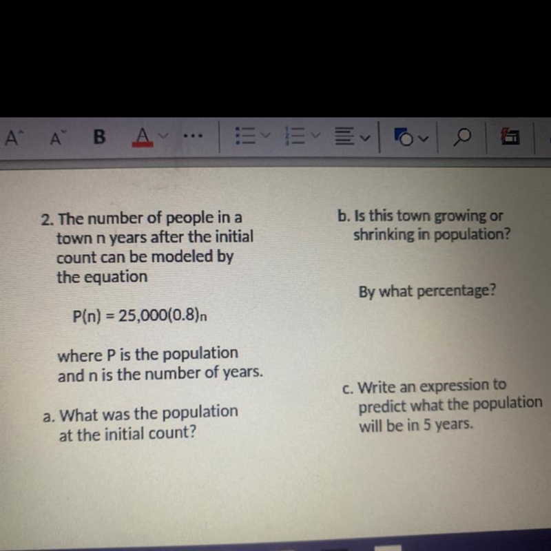 2. The number of people in a town n years after the initial count can be modeled by-example-1