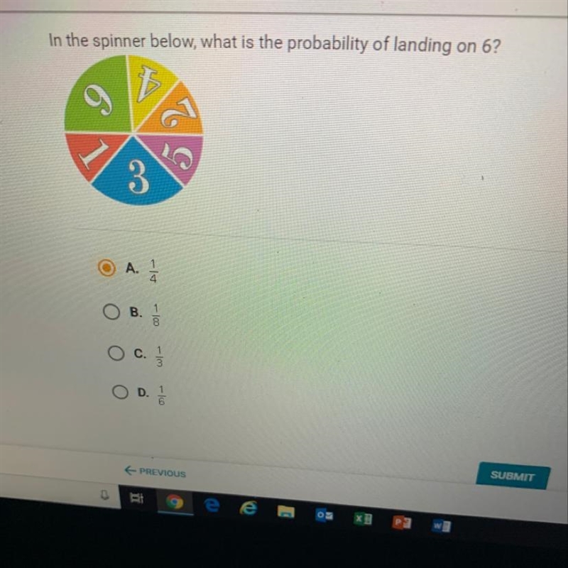 In the spinner below, what is the probability of landing on 6? A. 1/4 B. 1/8 C. 1/3 D-example-1