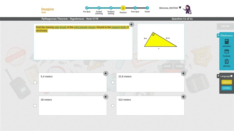 (20 points) Find the missing side length of the right triangle shown. Round to the-example-1