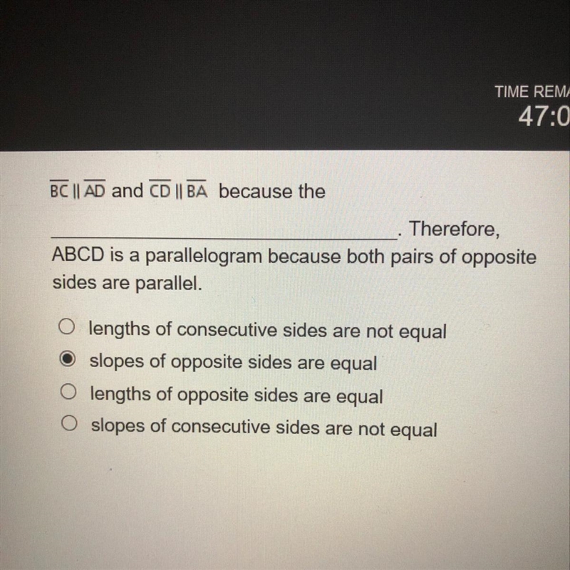 Complete the proof to show that ABCD is a parallelogram. BCllAD and CDllBA because-example-1