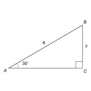 What is the value of y? Triangle A B C has right angle C with hypotenuse labeled 6. Angle-example-1