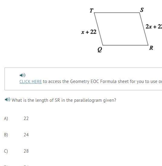 What is the length of SR in the parallelogram given? A) 22 B) 24 C) 28 D) 34-example-1