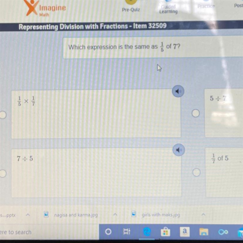 Which expressions is the same as 1/5 of 7-example-1