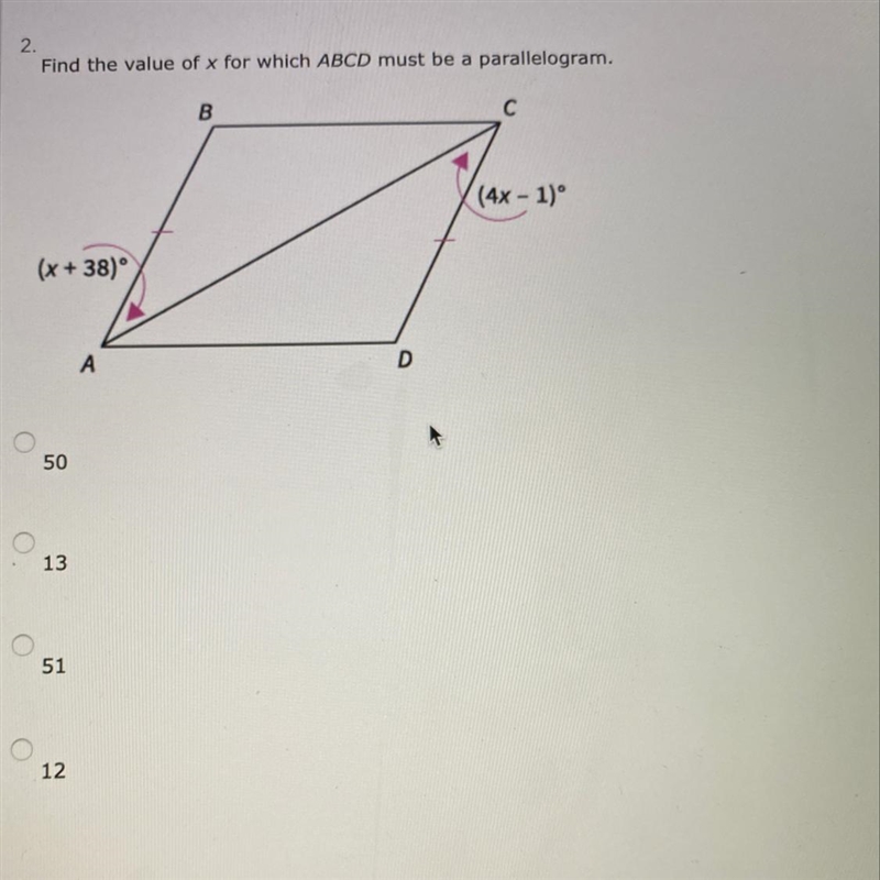 Find the value of x for which ABCD must be a parallelogram. (4x - 1) (x + 38)°-example-1