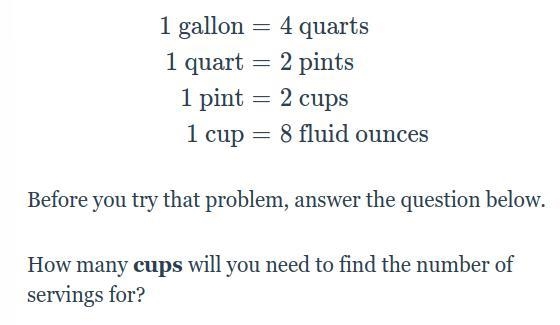 A recipe uses 5 cups of milk to make 10 servings. If the same amount of milk is used-example-1