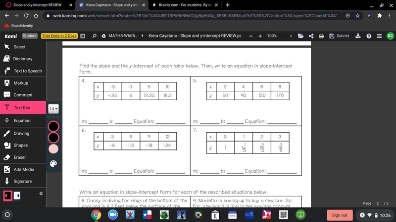 4 easy questions i just want the equations you dont need to give me the slope or the-example-1