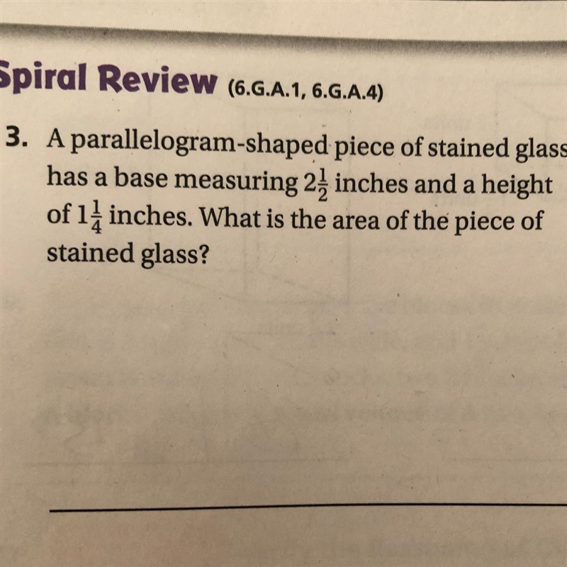 . A parallelogram-shaped piece of stained glass has a base measuring 2 1/2 inches-example-1