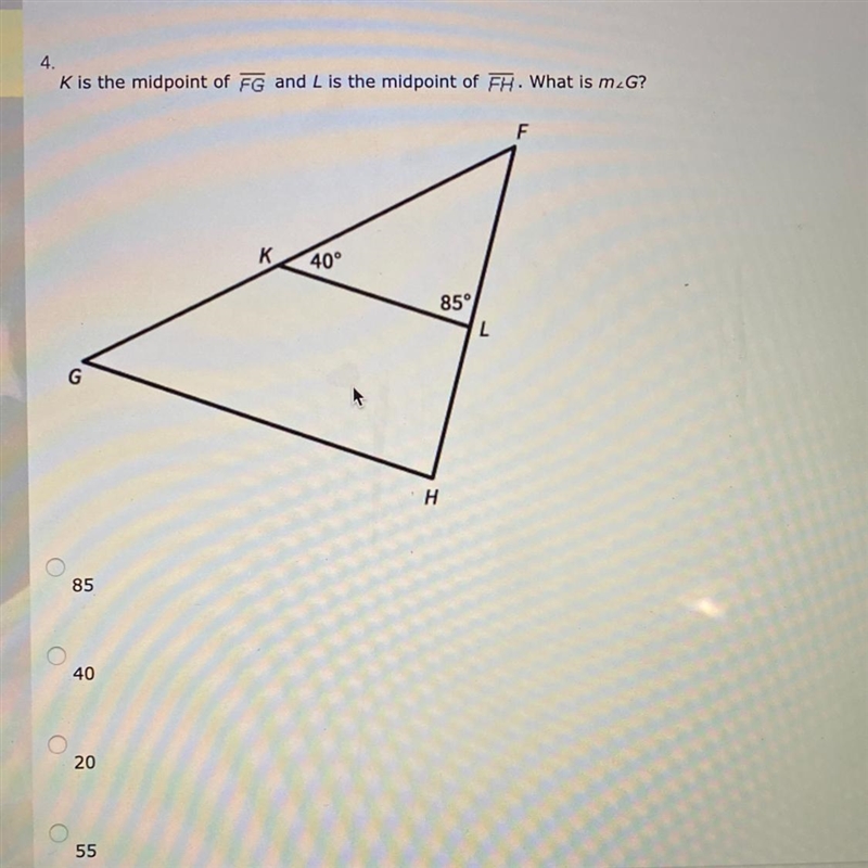 K is the midpoint of FG and L is the midpoint of FH. What is m-example-1