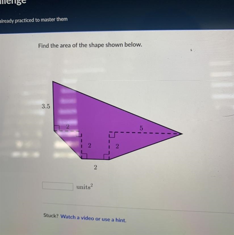 Find the area of the shape shown below.-example-1