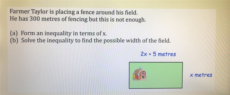 A) Form an inequality in terms of x b) Solve the inequality to find the possible width-example-1