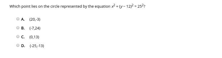 Which point lies on the circle represented by the equation x2 + (y − 12)2 = 252?-example-1