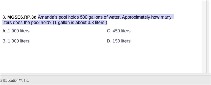 Amanda’s pool holds 500 gallons of water. Approximately how many liters does the pool-example-1