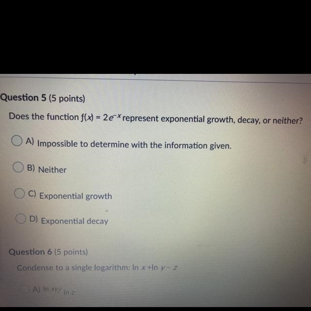 Does the function f(x) = 2 e-*represent exponential growth, decay, or neither? O A-example-1