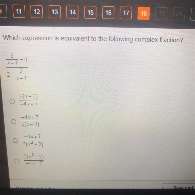 Which expression is equivalent to the following complex fraction?-example-1