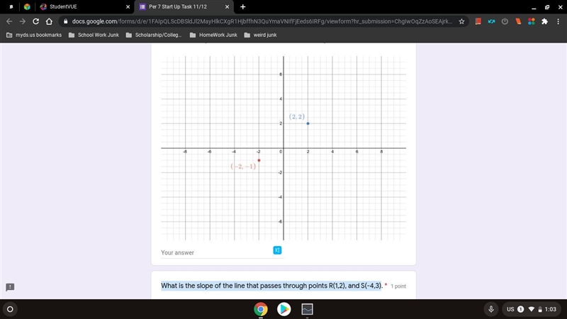 What is the slope of the line that passes through points R(1,2), and S(-4,3)-example-1