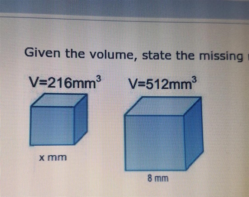 Given the volume, state the missing measure for each figure below.​-example-1