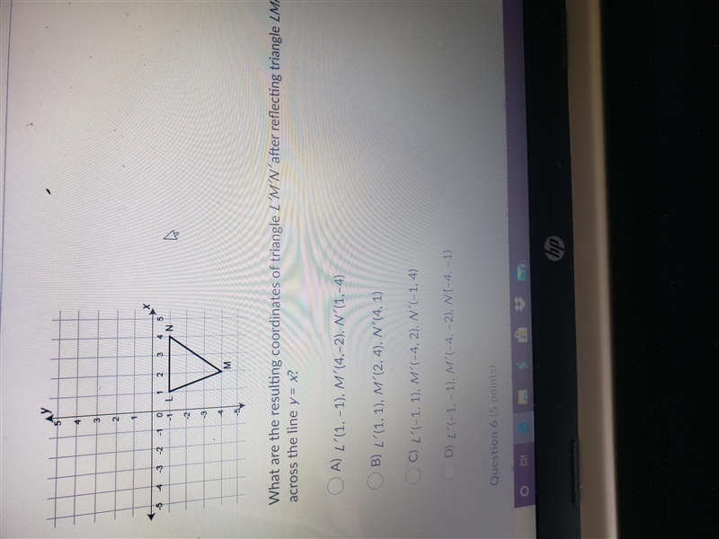 What are the resulting coordinates of triangle L 'M' N' after reflecting triangle-example-1