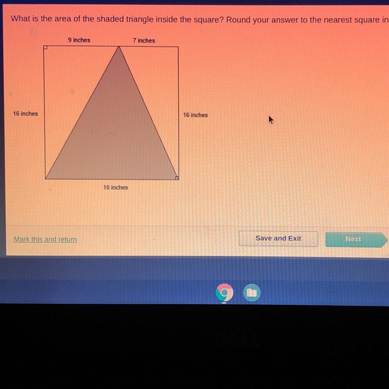 What is the area of the shaded triangle inside the square? Round your answer to the-example-1