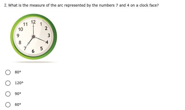 What is the measure of the arc represented by the numbers 7 and 4 on a clock face-example-1