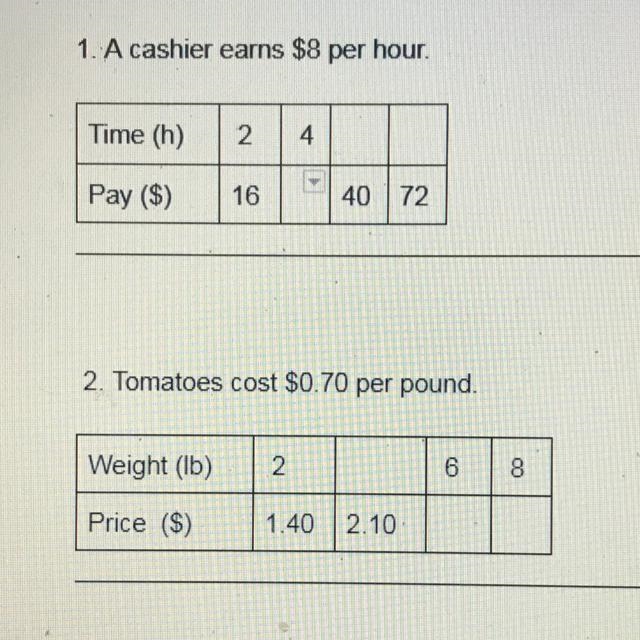 Please help me... 1A cashier earns $8 per hour. 2.tomatoes cost $0.70 per pound Please-example-1