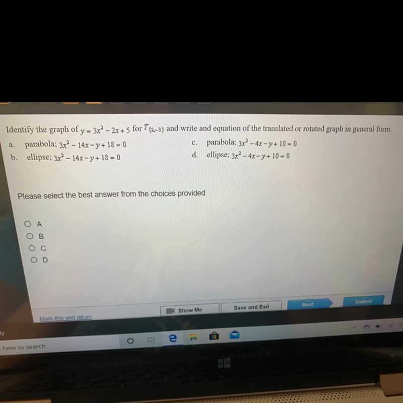 Identify the graph of y=3x^-2x+5 for T (2,-3) and write and equation of the translated-example-1