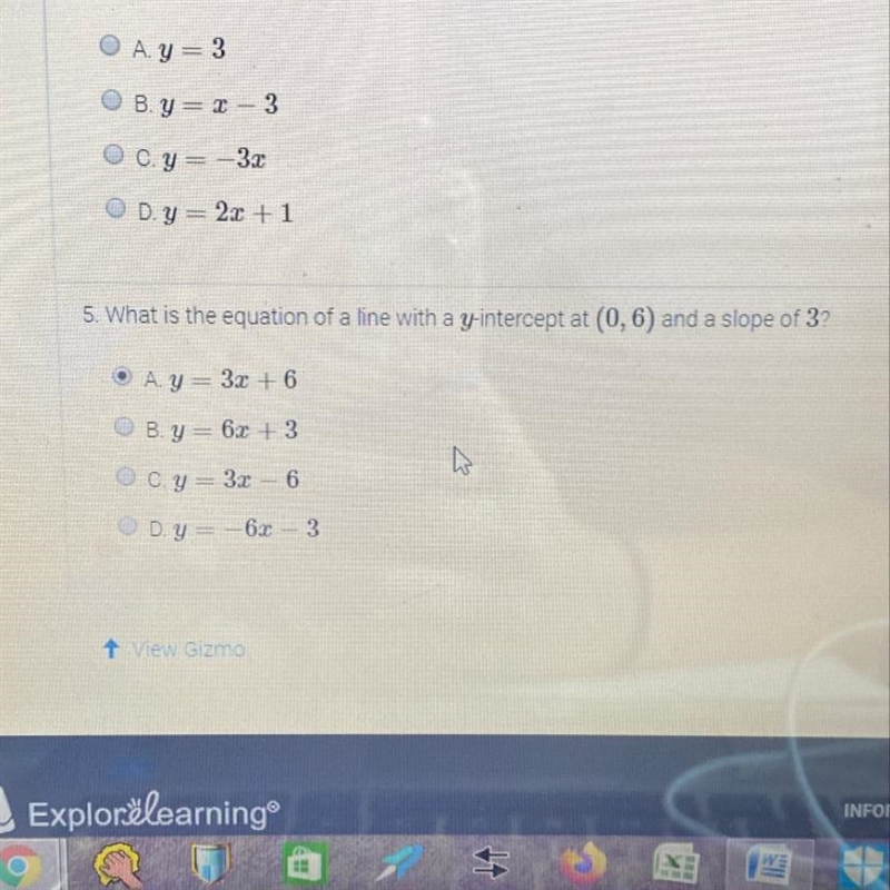 5. What is the equation of a line with a y-intercept at (0,6) and a slope of 3?-example-1