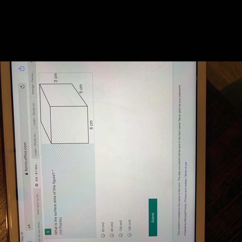 What is the surface area of this figure? 63 cm2 90 cm3 126 cm2 126 cm3-example-1