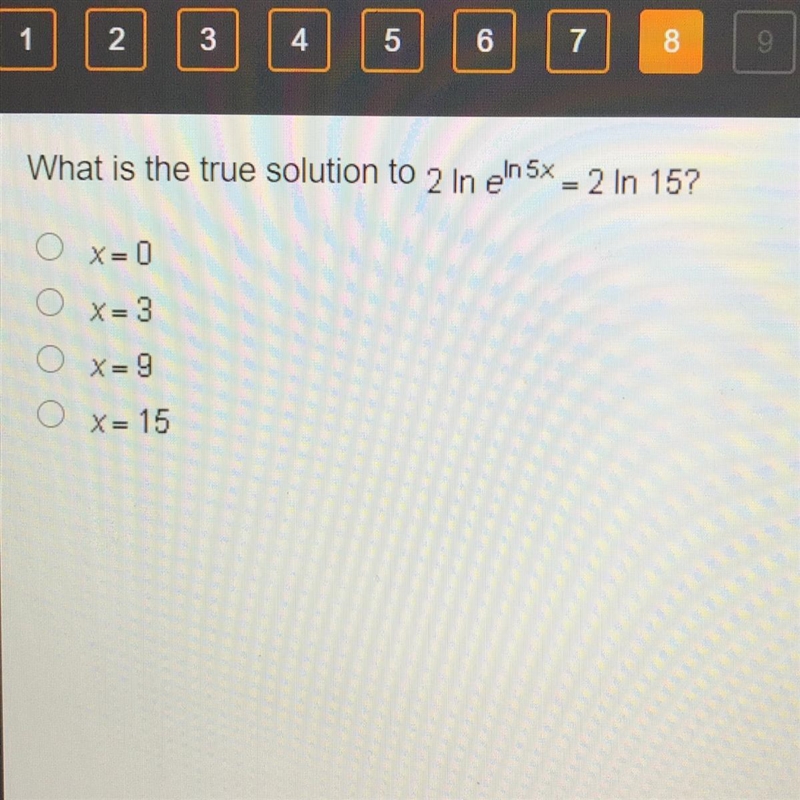 What is the true solution to 2In e sqrt in 5x = 2 In 15?-example-1