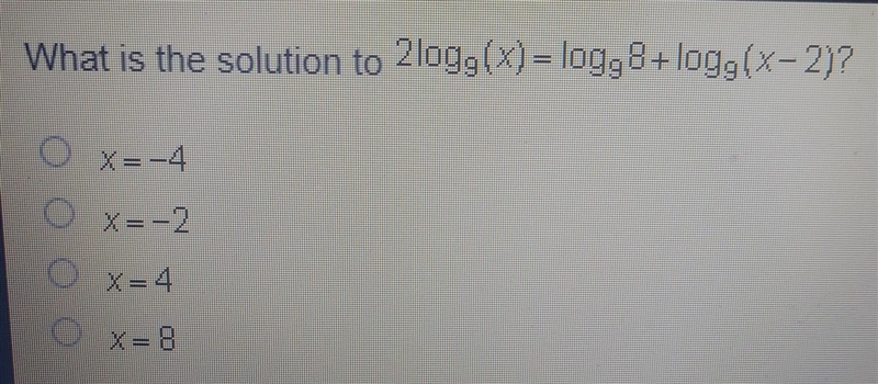 What is the solution to 2log↓g(x)=log↓g8+log↓g(x-2)? ​-example-1