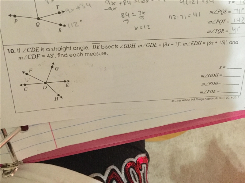 If cde is a straight angle, de bisects gdh, m gde = (8x-1), m edh = (6x-15), and m-example-1