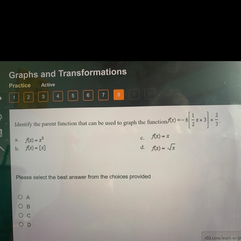 Identify the parent function that can be used to graph the function f(x)=-6[1/2x+3]+2/3-example-1