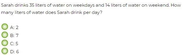 Sarah drinks 35 liters of water on weekdays and 14 liters of water on the weekend-example-1