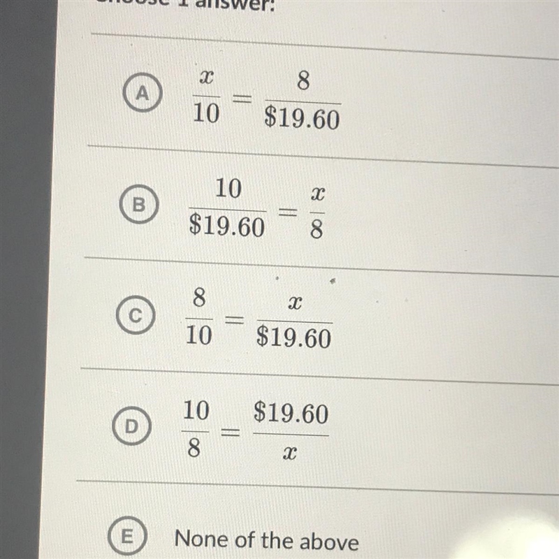 8 books cost $19.60. Which equation would help determine he cost of 10 books? Choose-example-1