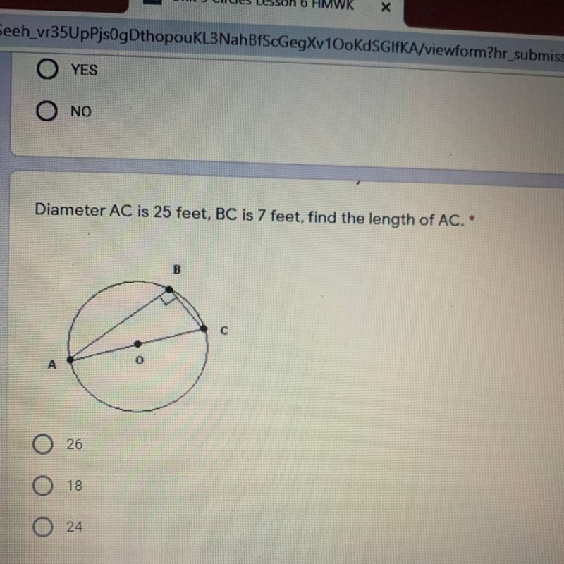 Diameter AC is 25 feet, BC is 7 feet, find the length of AC-example-1