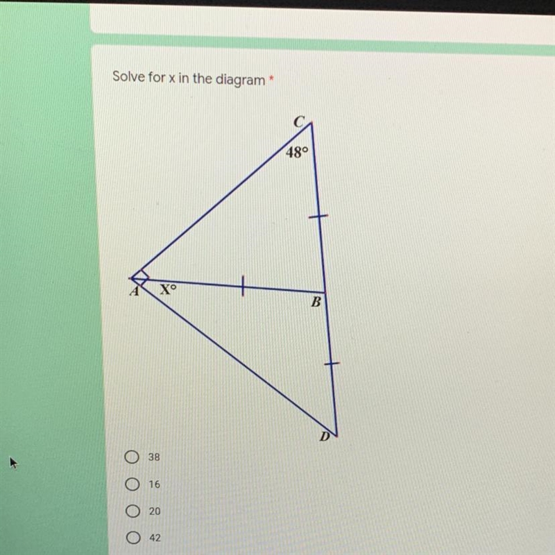 Solve for x in the diagram 38 16 20 42-example-1