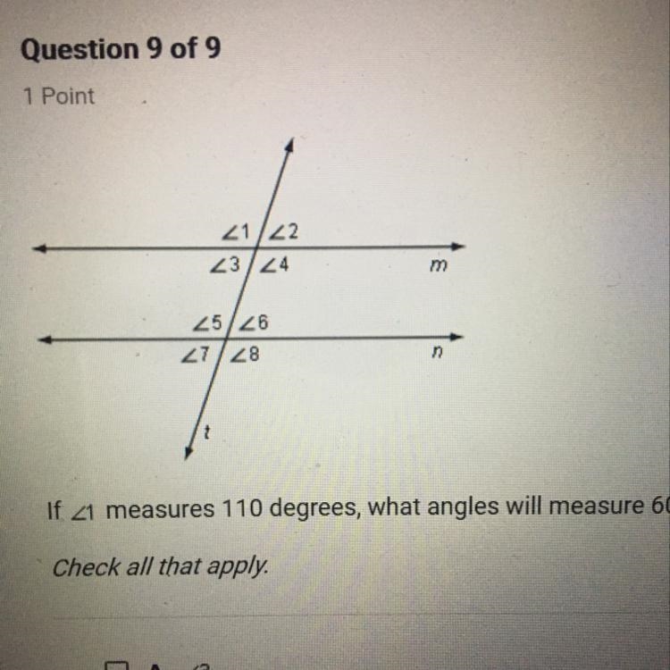 If 21 measures 110 degrees, what angles will measure 60 degrees? Check all that apply-example-1