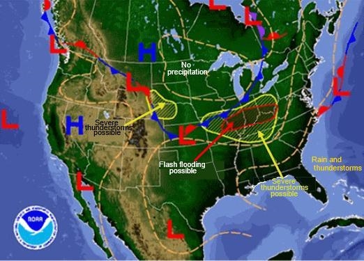 The weather map shows a zone of possible flash flooding in front of a cold front. If-example-1