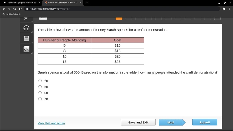 Help The table below shows the amount of money Sarah spends for a craft demonstration-example-1