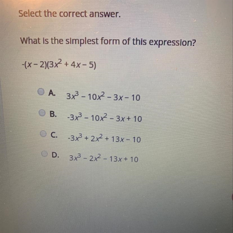 What is the simplest form of this expression? -(х – 2)(3х2 + 4х-5)-example-1