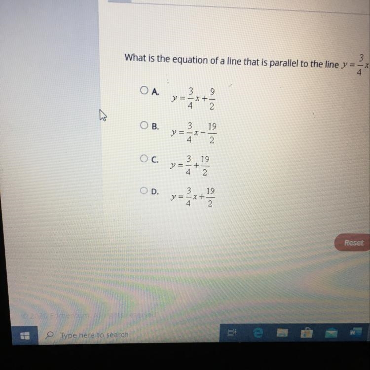 what is the equation of a line that is parallel to the line y=3/4x+2 and passes through-example-1