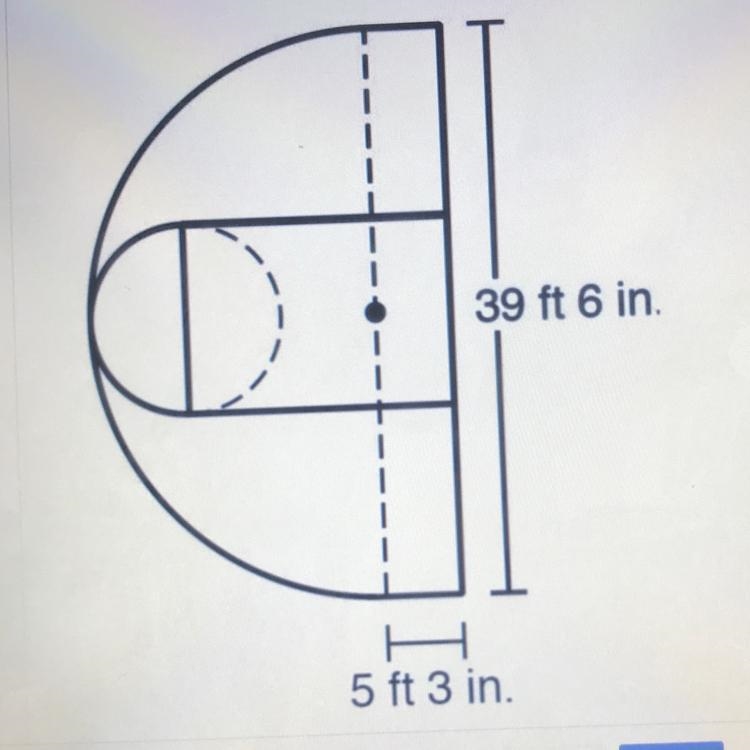 Find the area of the section of the basketball court that is showh. Round to the nearest-example-1