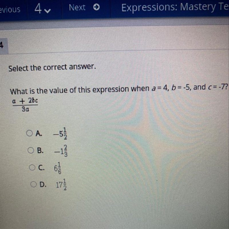 What is the value of this expression when a=4, b=-5, and c=-7?-example-1