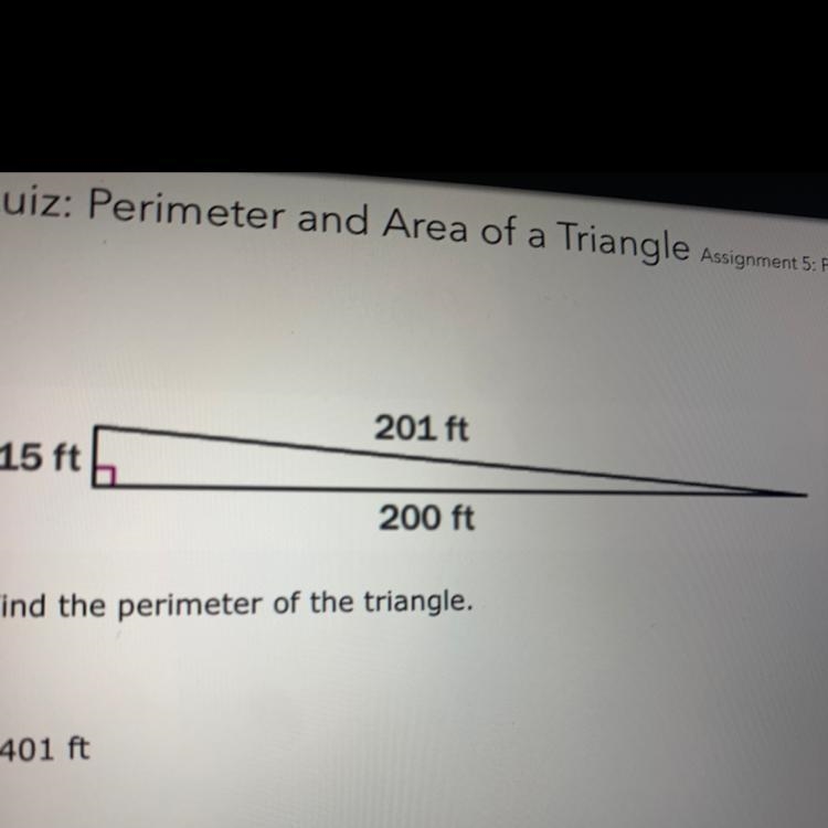 Find the perimeter of the triangle. 401 ft 200 ft 416 ft o 3,000 ft-example-1