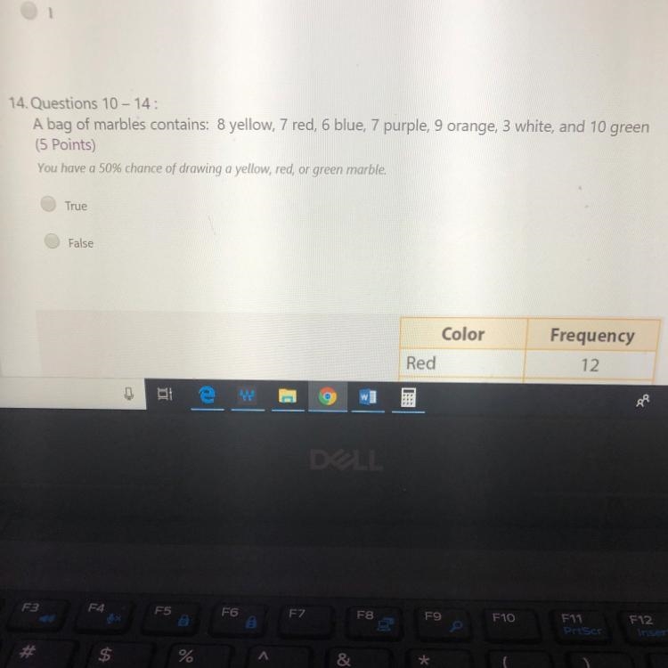 14. Questions 10 - 14: A bag of marbles contains: 8 yellow, 7 red, 6 blue, 7 purple-example-1