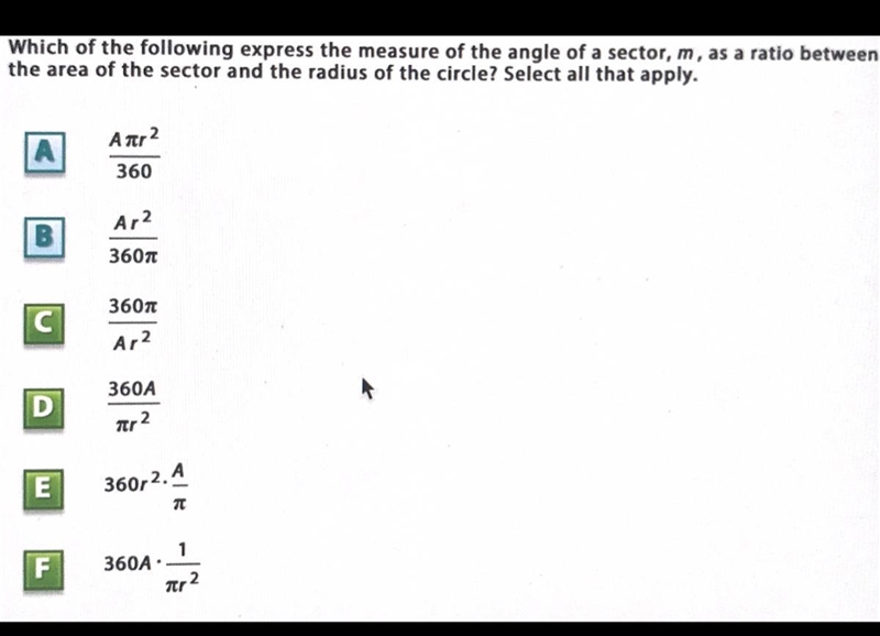 !!!!!HELP!!!!!! Which of the following express the measure of the angle of a sector-example-1